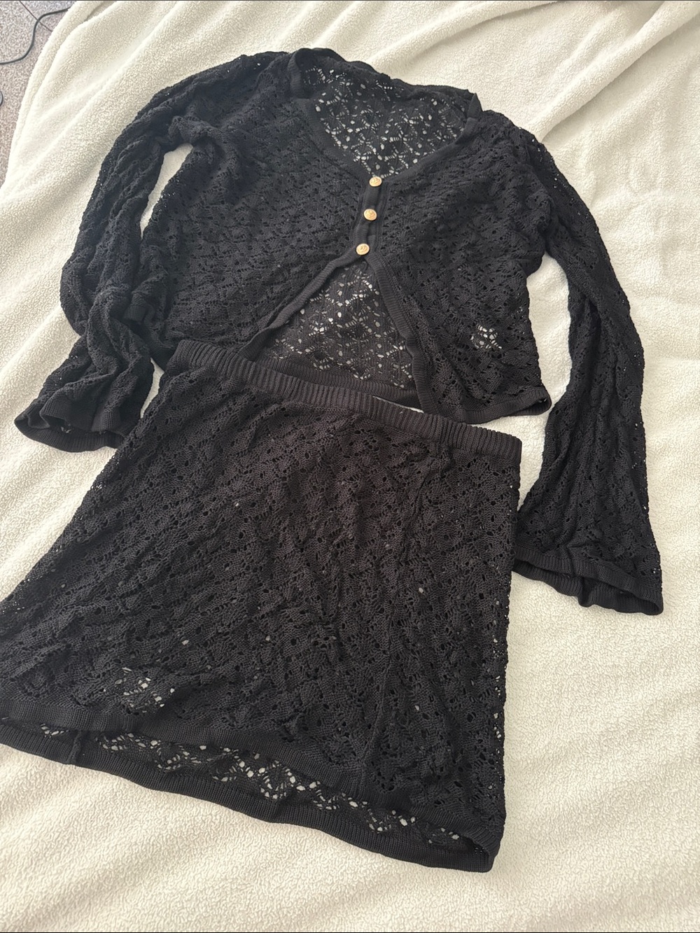 Black Crochet Knit Two-Piece Set — Skirt & Button Cardigan